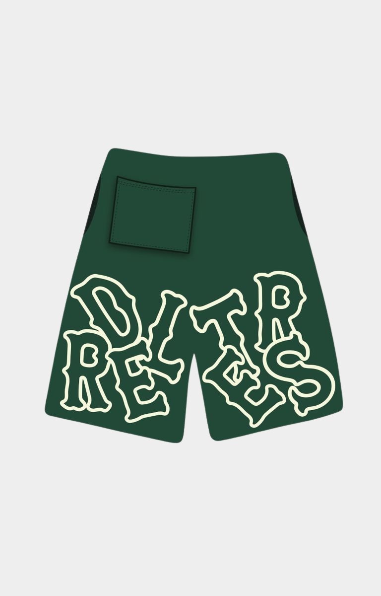 Back view of green Red Letters Scattered Sweat Shorts showing rear pocket detail.
