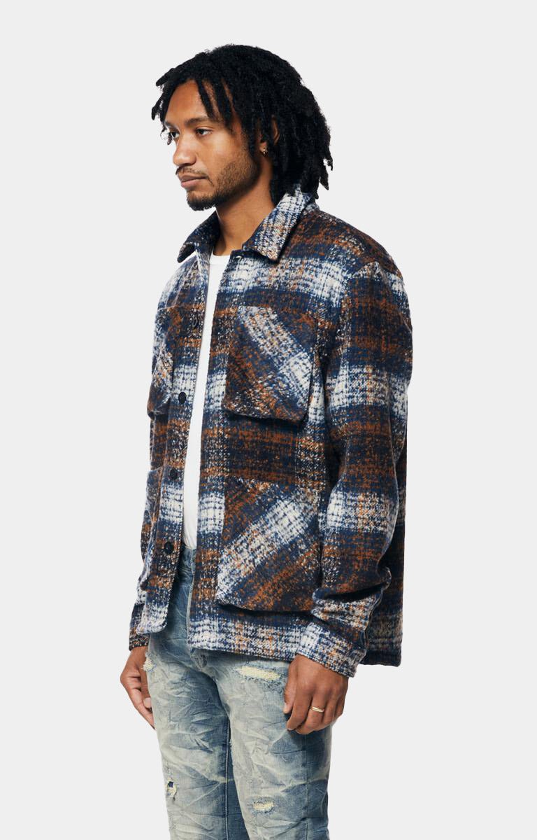 Close-up detail of Smoke Rise Plaid Overshirt Grey.