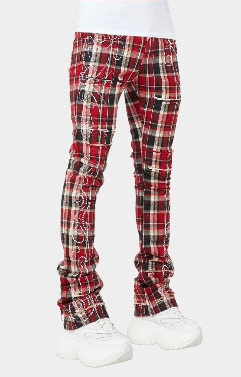 Guapi Blood Red Embellished Flannel Pants – Stacked Skinny with Rhinestones & Distressed Details