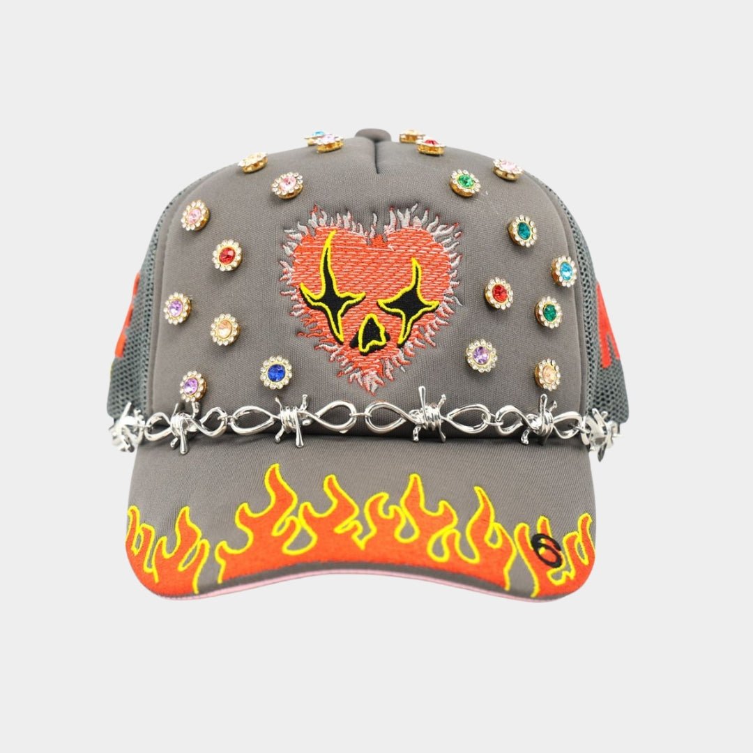 Toxicity LOVE HARD Trucker Hat – Grey | Flaming Heart Streetwear