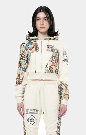 TAPESTRY ZIP UP CROP HOODIE