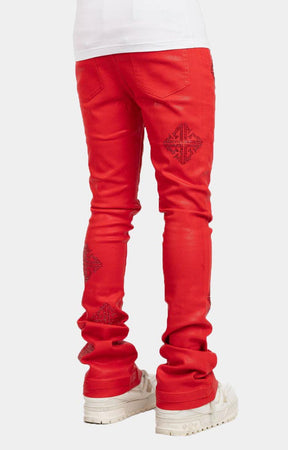 Guapi Crimson Red Icon Embellished Stacked Denim
