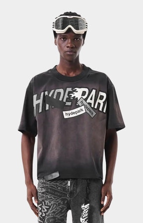 Model wearing oversized Hyde Park Rally Way Tee - Streetwear Fit. 