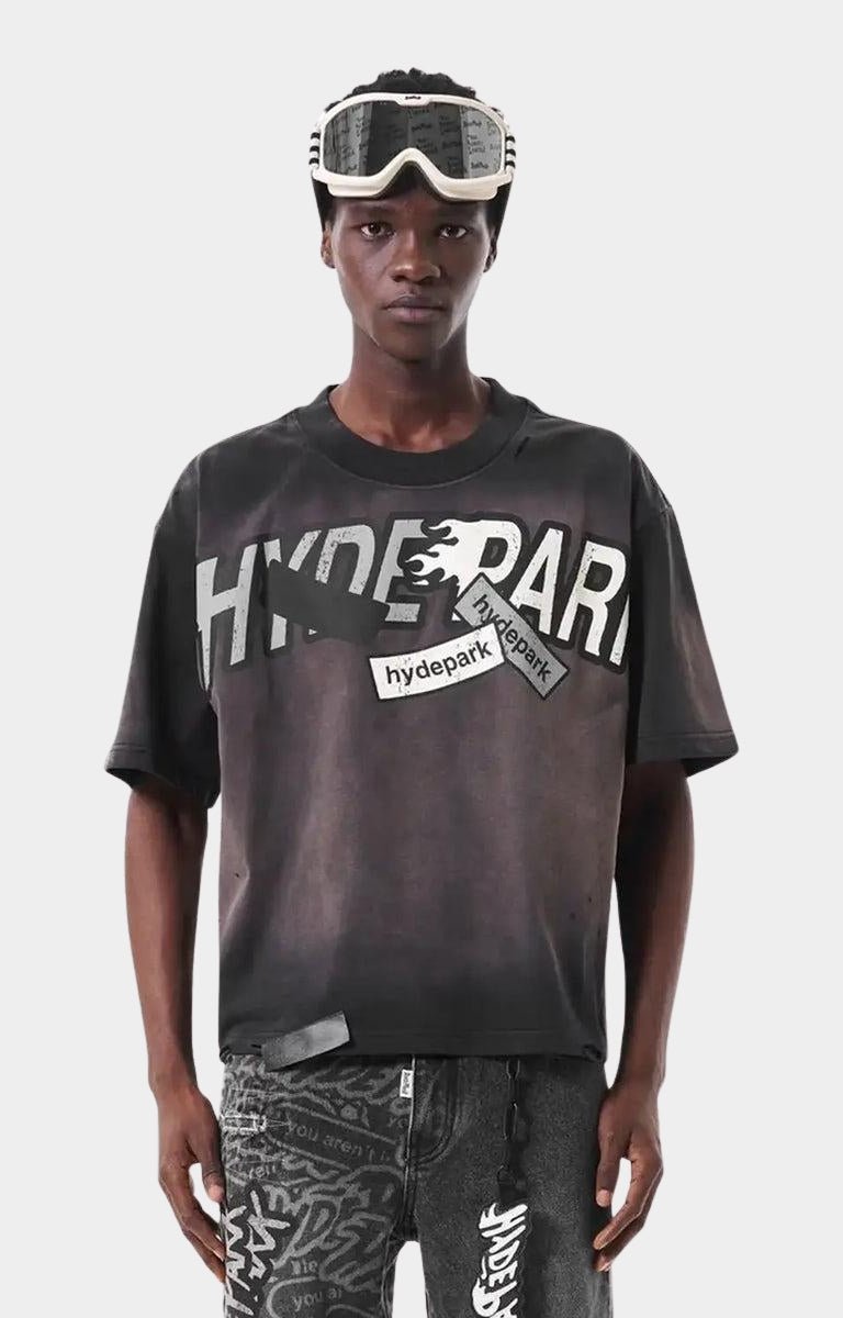 Model wearing oversized Hyde Park Rally Way Tee - Streetwear Fit. 