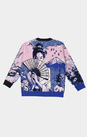 Back view of VeryRare Geisha Cherry Blossoms Sweater by Raf Reyes.