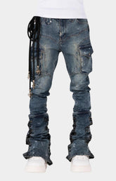 Guapi Aqua Blue Waxed Rope Stacked Cargo Denim Jeans