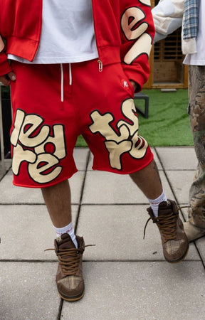 Red Letters Scattered Sweat Shorts – Red | 500GSM French Terry Streetwear