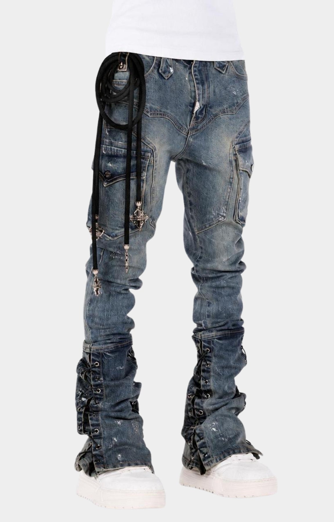 Guapi Aqua Blue Waxed Rope Stacked Cargo Denim Jeans