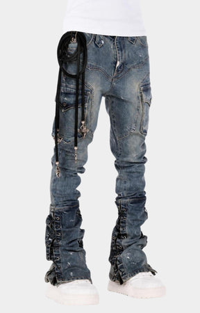 Guapi Aqua Blue Waxed Rope Stacked Cargo Denim Jeans