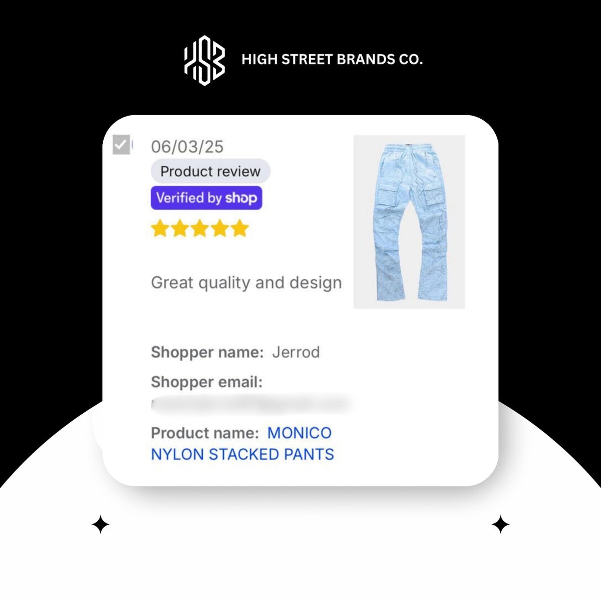 Customer review for Monico Nylon Stacked pants by Frost sold at High Street Brands Co