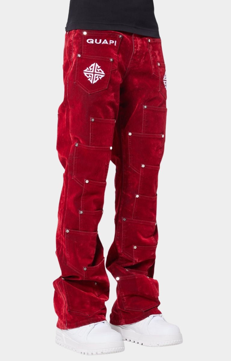 Guapi Velvet Red Pockets Flared Denim