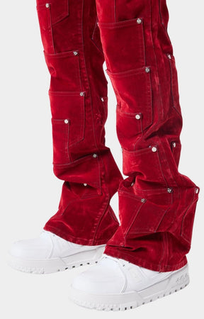 Guapi Velvet Red Pockets Flared Denim