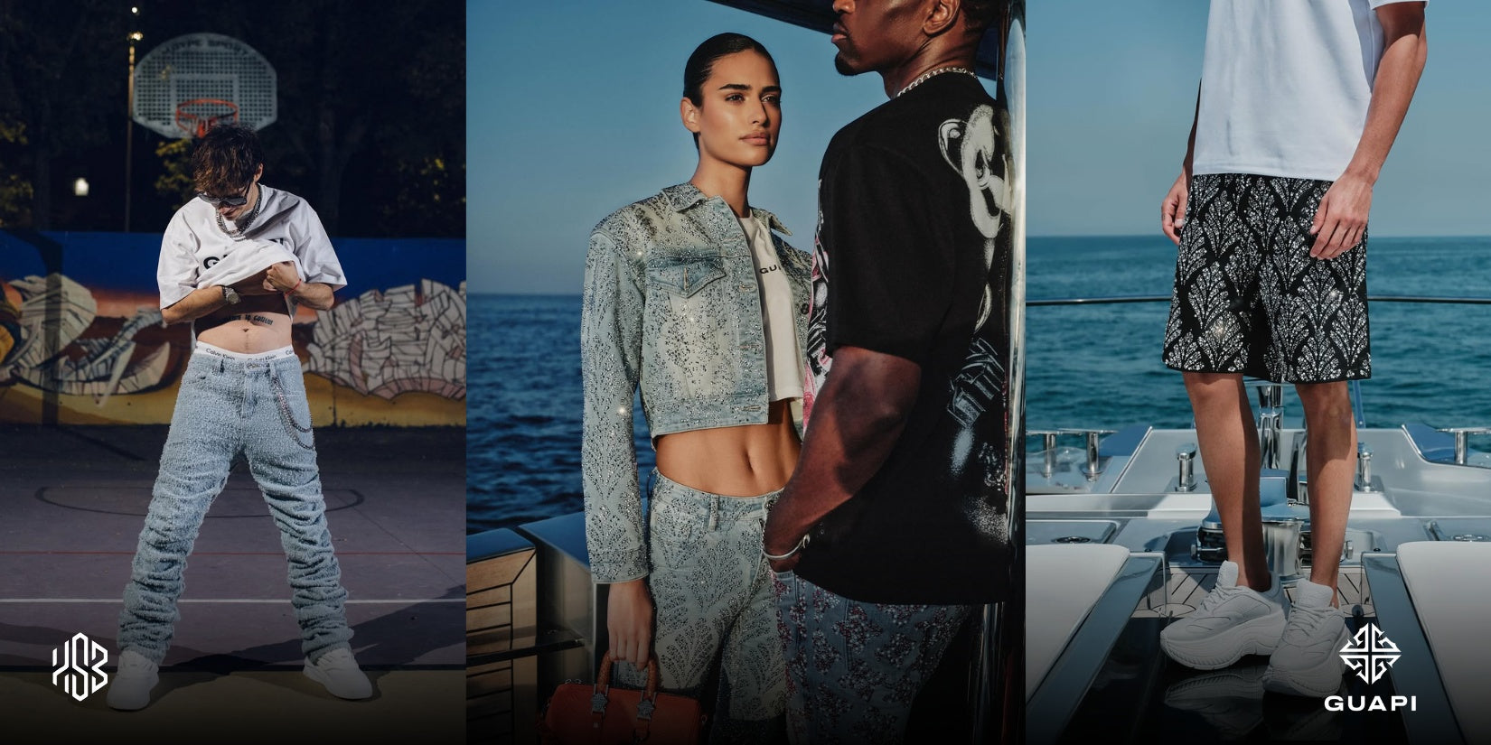 Guapi exclusive and premium streetwear embellished pants, stacked pants, shorts, graphic tees and hoodies.