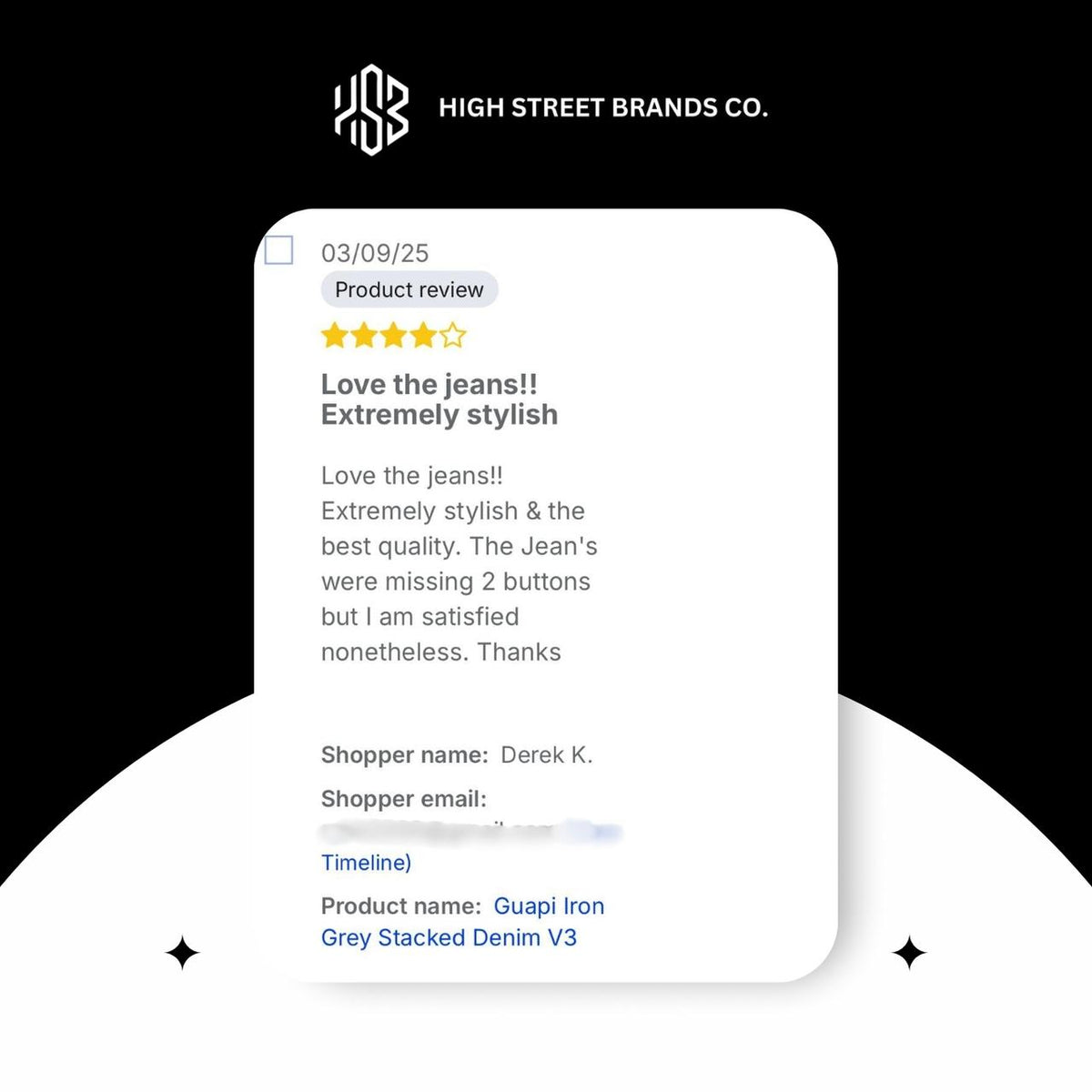 4-star review by a customer who bought Guapi Iron grey stacked denim at www.highstreetbrands.store