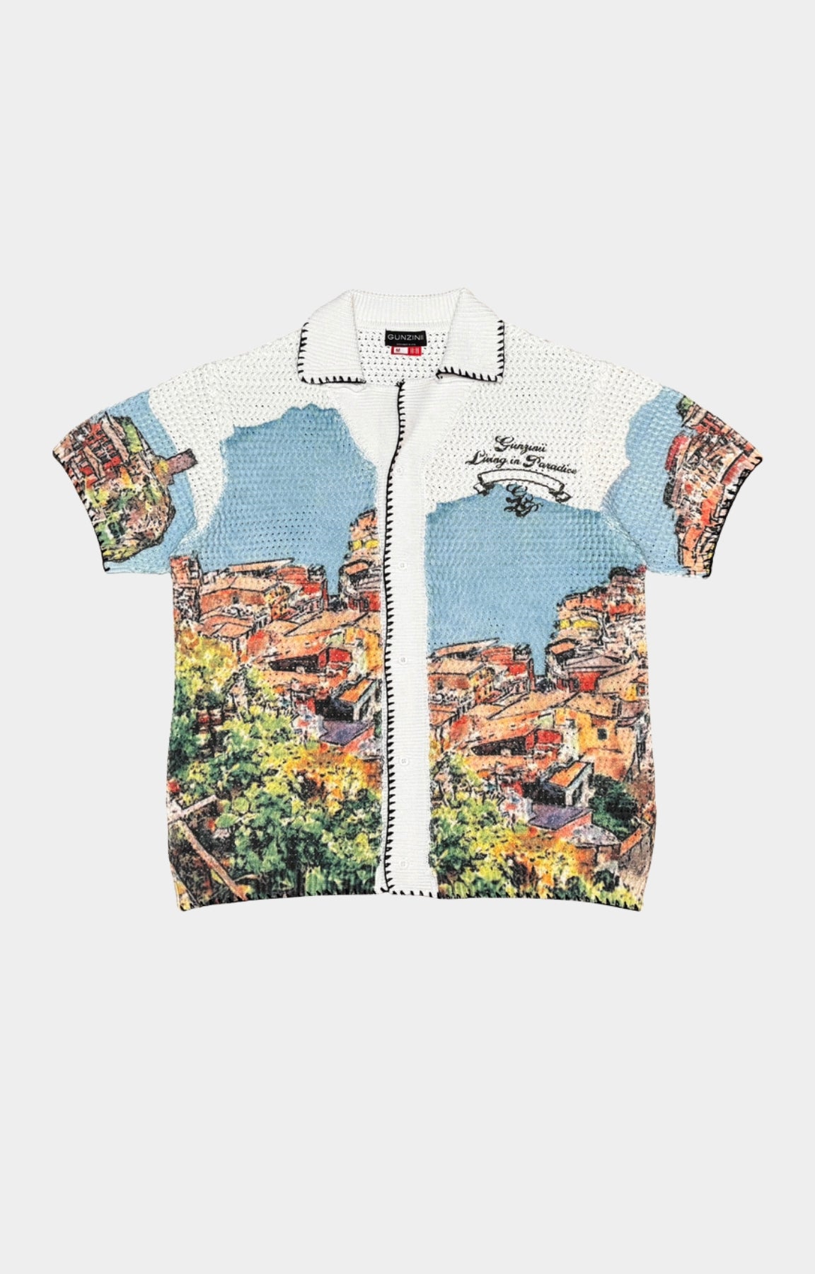 Gunzinii men's matching short set with printed button-down shirt and shorts in pastel tones, modeled on white background
