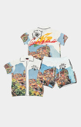 Gunzinii men's matching short set with printed button-down shirt and shorts in pastel tones, modeled on white background