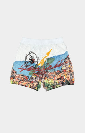 Gunzinii men's matching short set with printed button-down shirt and shorts in pastel tones, modeled on white background