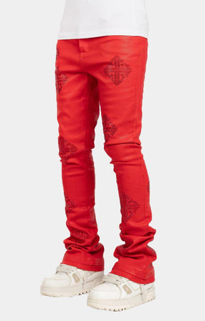 Guapi Crimson Red Icon Embellished Stacked Denim