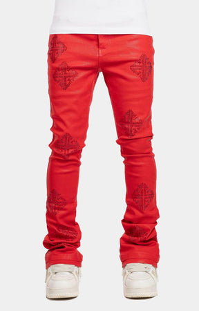 Guapi Crimson Red Icon Embellished Stacked Denim