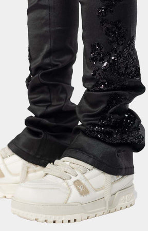 Guapi All Black Flowers Embellished Denim