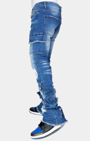 Texture of blue washed premium denim fabric.