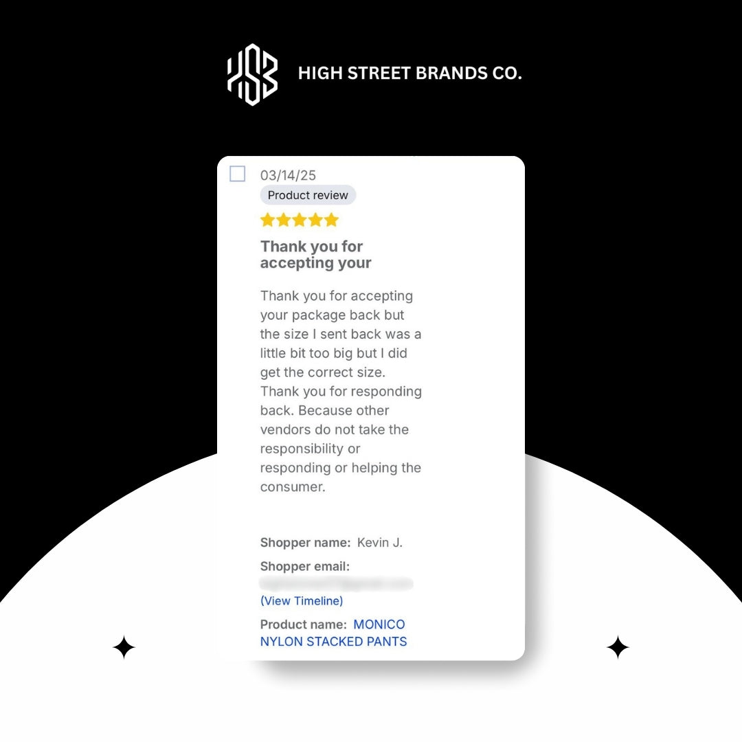 Another 5-star rating by a customer who bought stylish Monico stacked pants by Frost Originals from High Street Brands Co