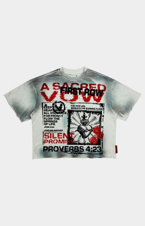 Front view of A SACRED VOW Hidden Thurible Tee with rhinestone and rubber weld details.