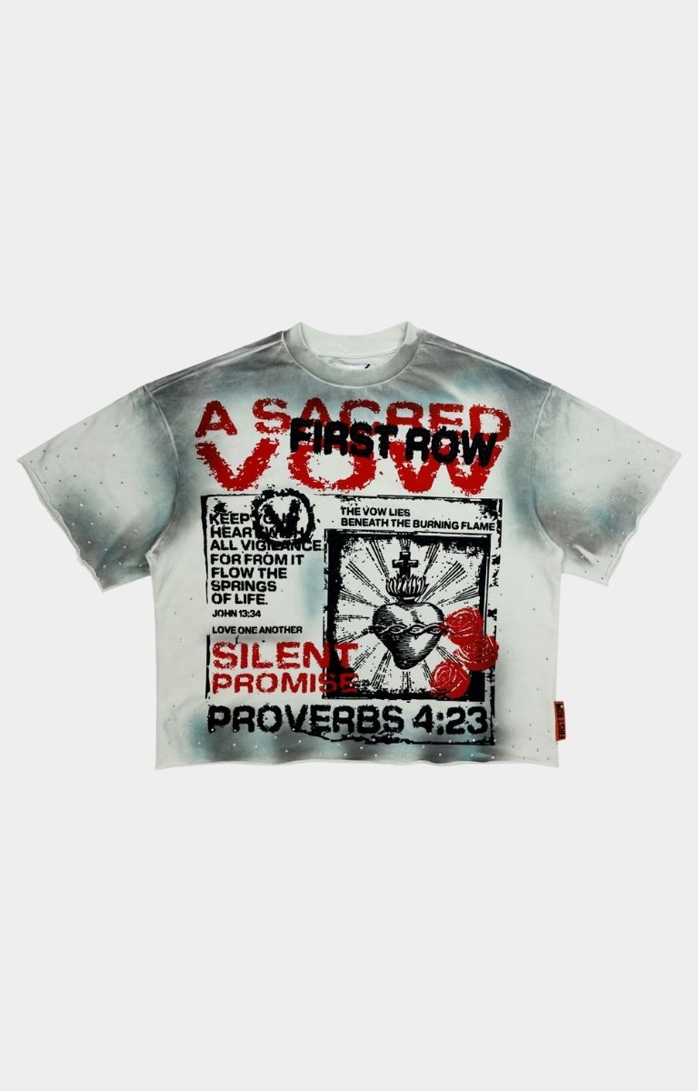 Front view of A SACRED VOW Hidden Thurible Tee with rhinestone and rubber weld details.