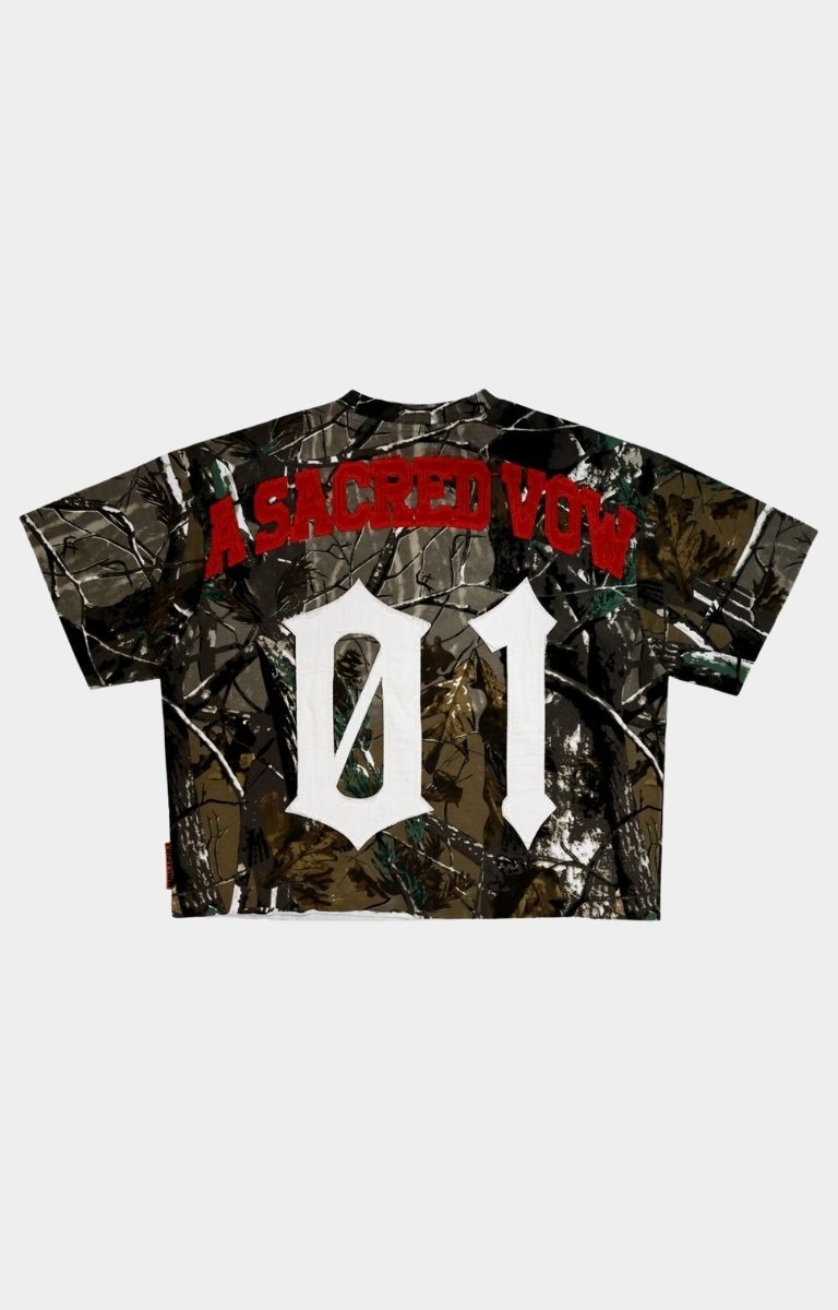 Back view of cropped A SACRED VOW mini terry t-shirt.