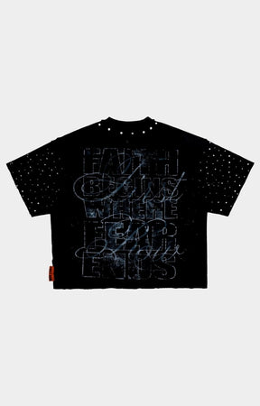 Back view of cropped oversized mini terry t-shirt by A SACRED VOW.
