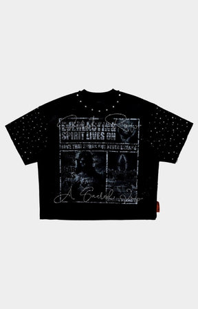 Front view of A SACRED VOW Spirit Lives On Tee with rhinestone detailing.