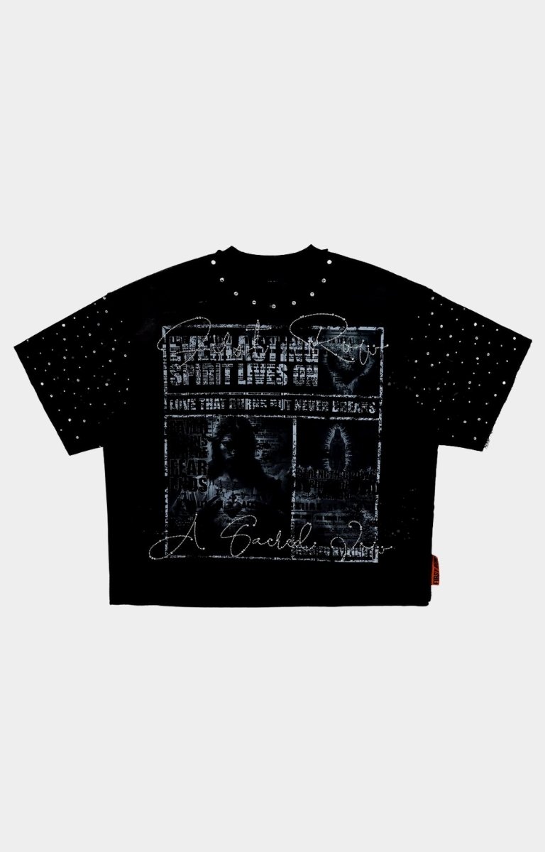 Front view of A SACRED VOW Spirit Lives On Tee with rhinestone detailing.