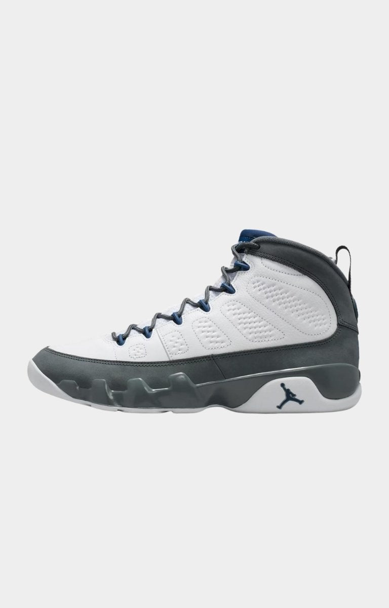 Air Jordan 9 Retro Flint Grey and French Blue front view.