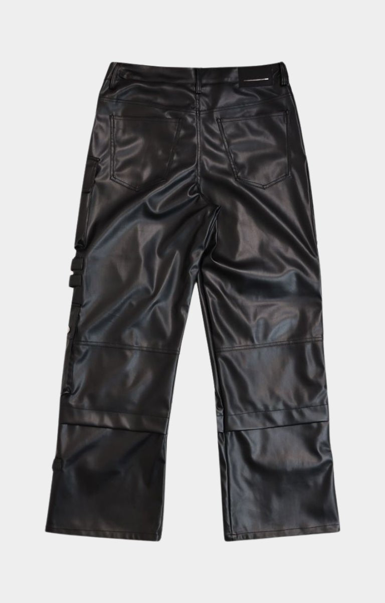 Streetwear styling of First Row wide fit faux leather Y2K cargo pants - back view.