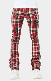 Guapi Blood Red Embellished Flannel Pants – Stacked Skinny with Rhinestones & Distressed Details