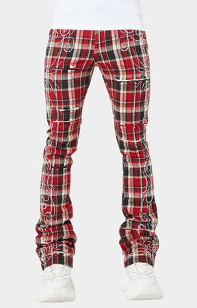 Guapi Blood Red Embellished Flannel Pants – Stacked Skinny with Rhinestones & Distressed Details