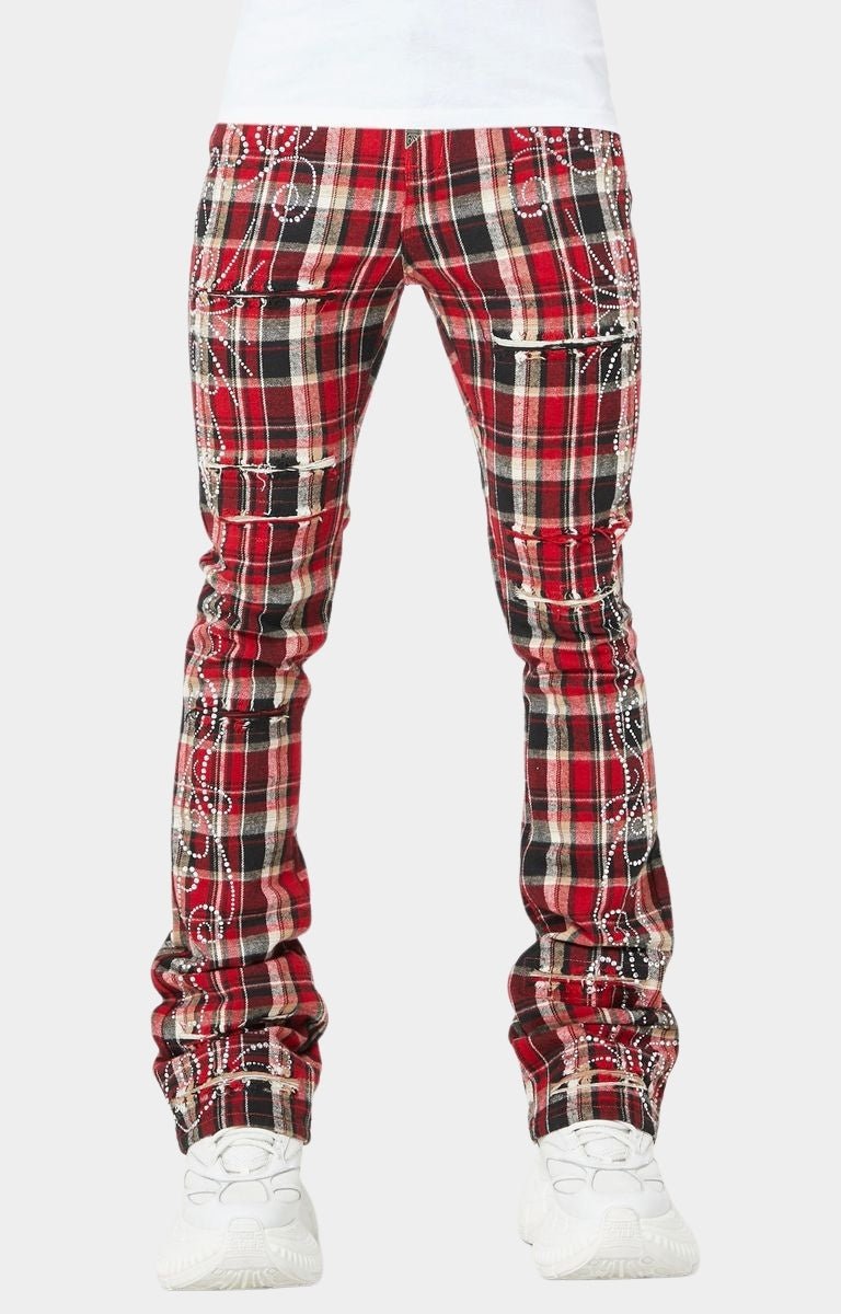 Guapi Blood Red Embellished Flannel Pants – Stacked Skinny with Rhinestones & Distressed Details
