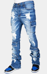 Side view blue washed stacked jeans slim fit