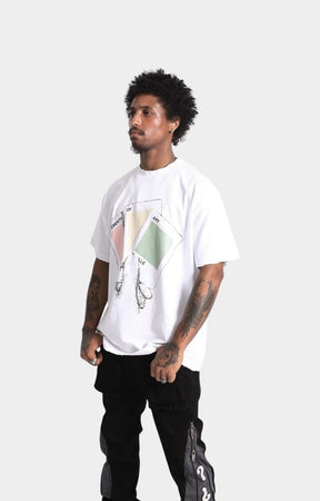 Full outfit look featuring Conceal Your Intentions oversized white graphic tee.
