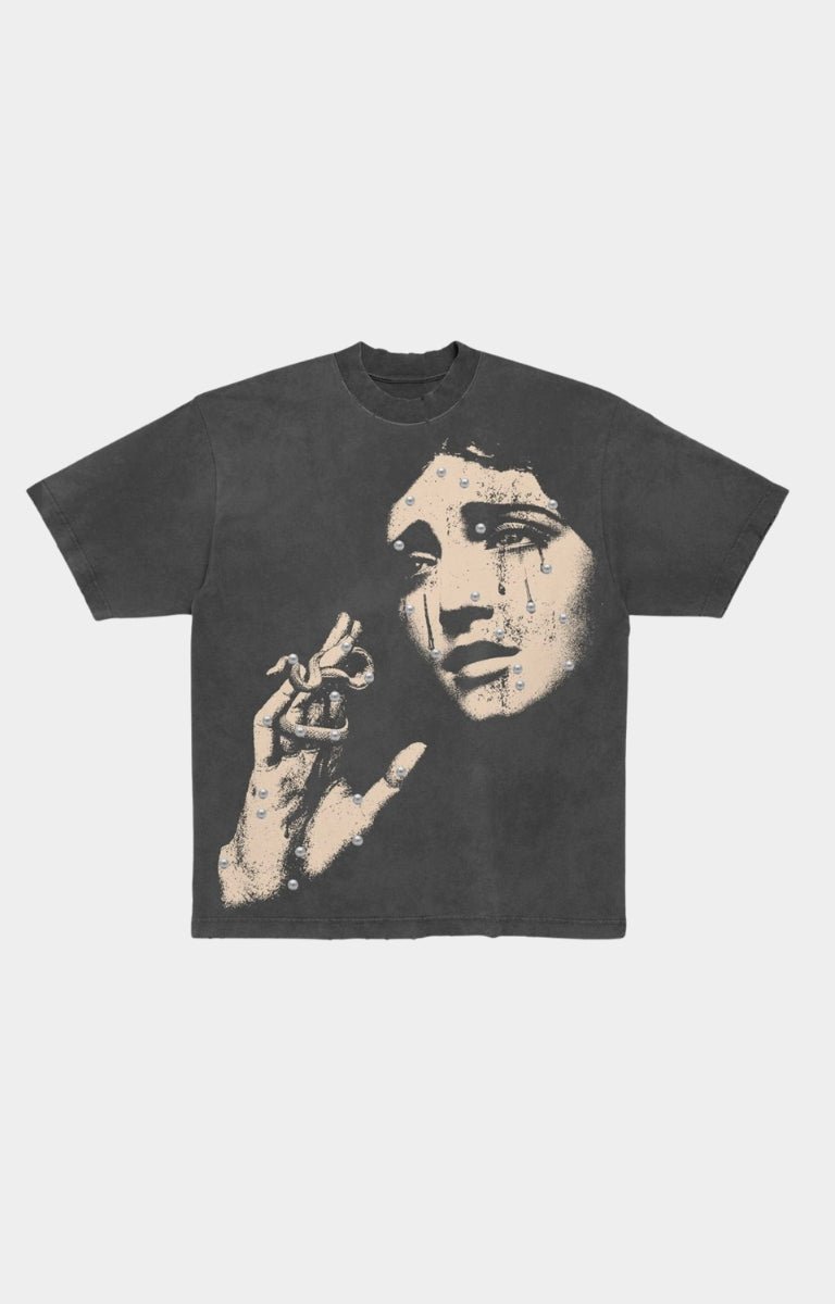 Black Concept LA t-shirt with pearl embellishments and vintage wash.