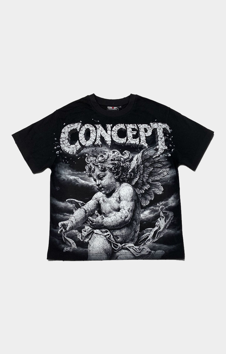 Concept LA Cherub 1 Graphic T-Shirt in Black featuring oversized grayscale cherub and cloud artwork, distressed CONCEPT LA lettering, short sleeves, and a relaxed fit..