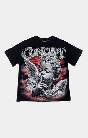 Concept LA Cherub 2 Graphic T-Shirt in Black/Red featuring oversized cherub artwork, red and black cloud graphics, large CONCEPT LA lettering, and a relaxed streetwear fit.