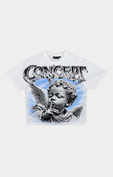 Concept LA Cherub 2 Graphic T-Shirt in White/Blue featuring oversized cherub artwork, red and black cloud graphics, large CONCEPT LA lettering, and a relaxed streetwear fit.