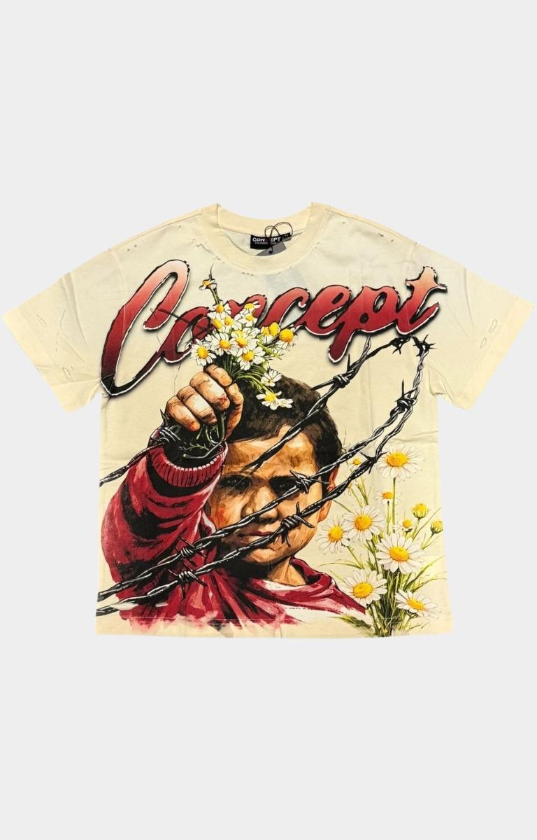 Concept LA Flowers Cream Graphic T-Shirt front view.