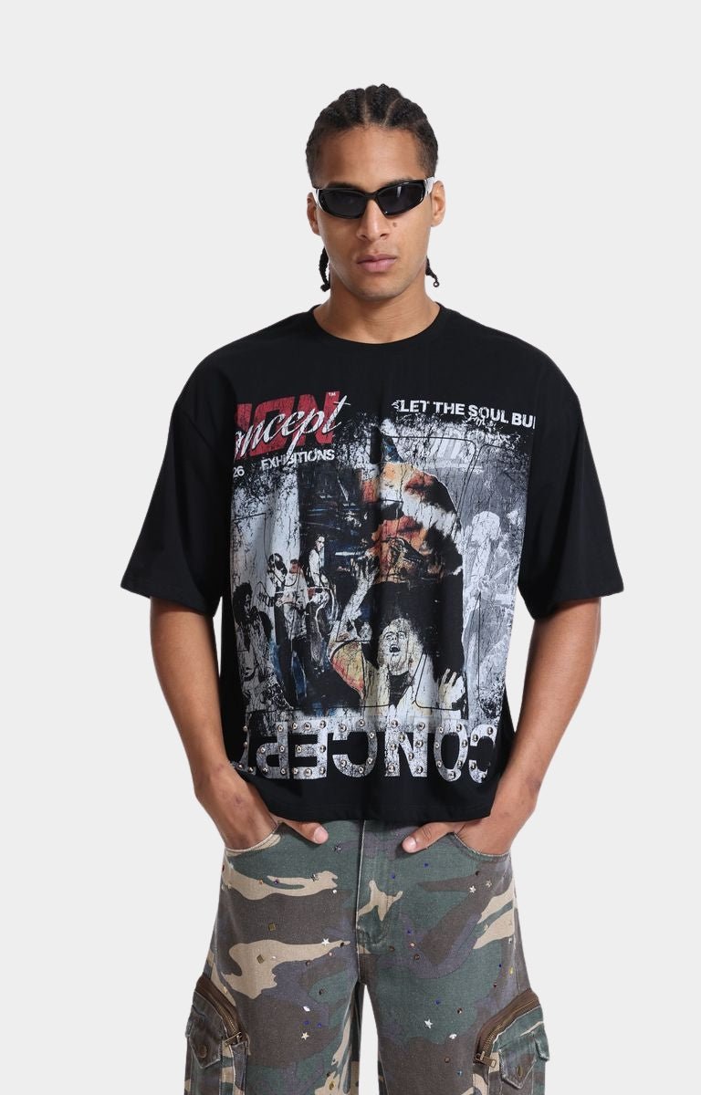 Close-up of Soul graphic print on CONCEPT LA tee.