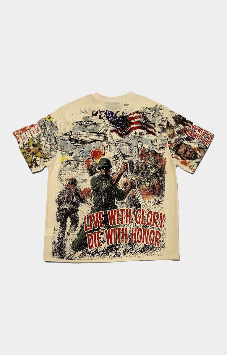 Concept LA Honor Graphic T-Shirt in Cream featuring front and back military-inspired artwork, large CONCEPT lettering, compass graphics, and Live With Glory back design.