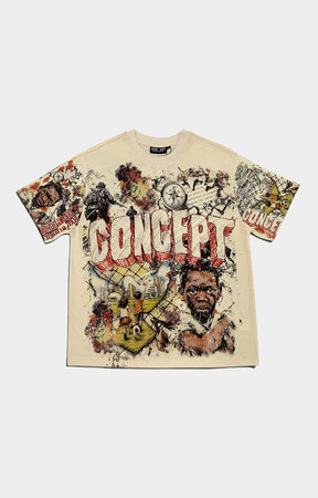 Concept LA Honor Graphic T-Shirt in Cream featuring front and back military-inspired artwork, large CONCEPT lettering, compass graphics, and Live With Glory back design.