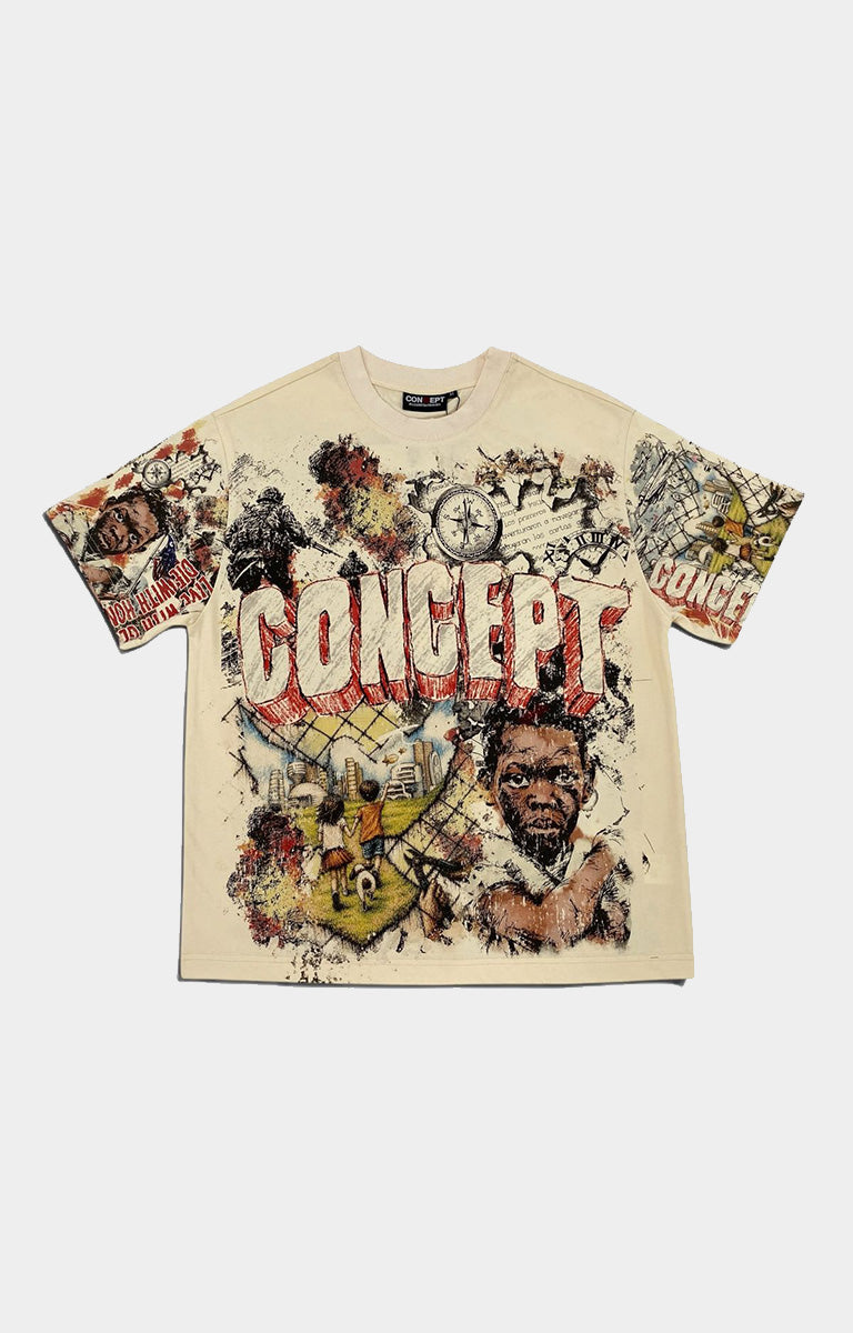 Concept LA Honor Graphic T-Shirt in Cream featuring front and back military-inspired artwork, large CONCEPT lettering, compass graphics, and Live With Glory back design.
