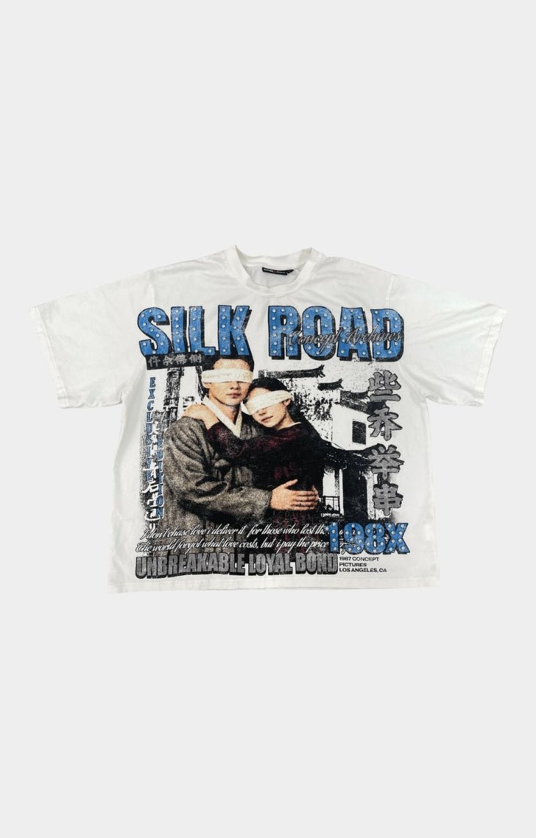 CONCEPT LA Silk Road Tee White front view with rhinestone design.