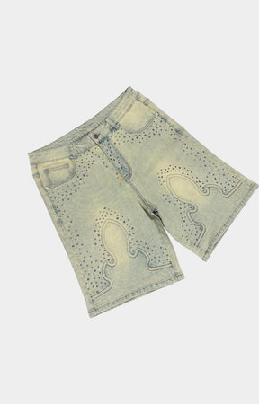 Vintage washed denim texture on Concept LA Valor Shorts.